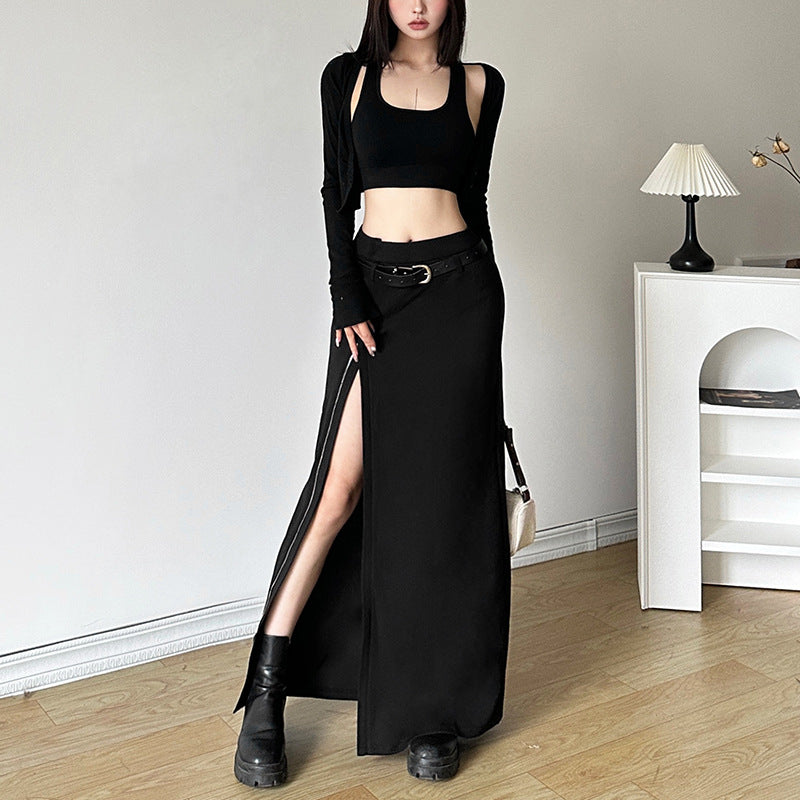 High Waist Belt Split Sheath Skirt For Women