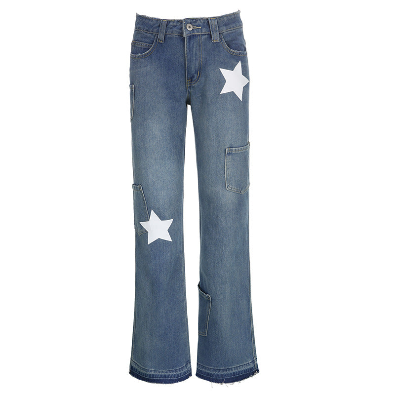 American Retro Star Print Asymmetric Jeans For Women