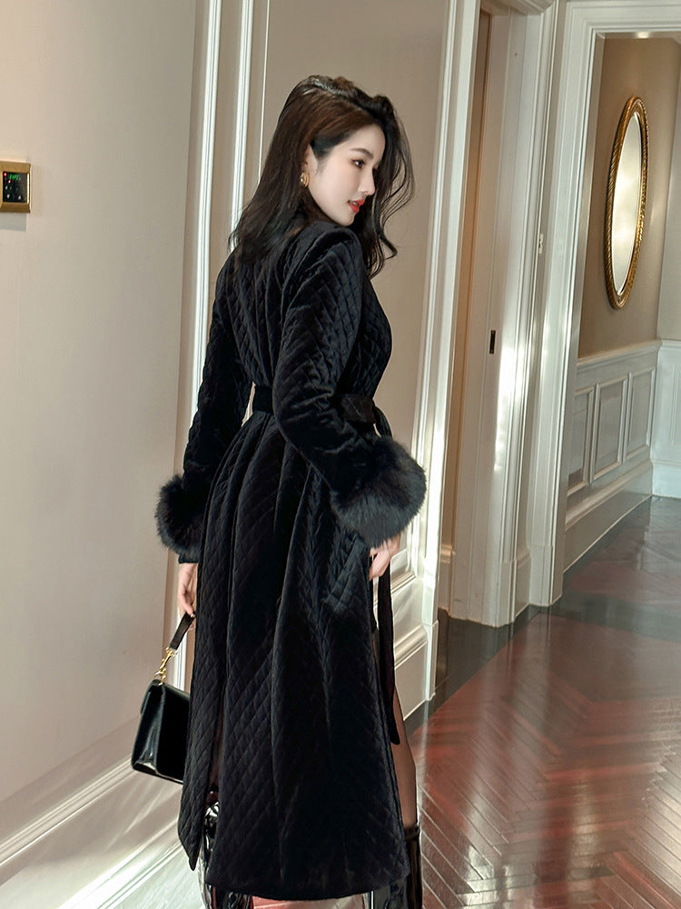 Black Mid-length Coat Velvet foe women