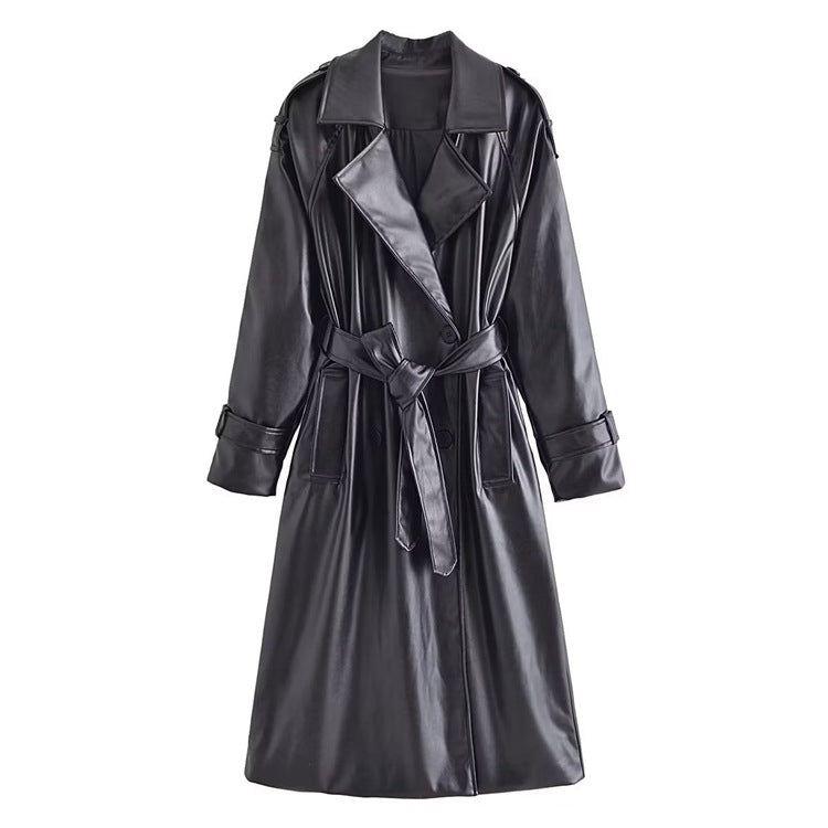 Women's Clothing AutumnLong Sleeve Slim Fit With Belt Imitation Leather Trench Coat