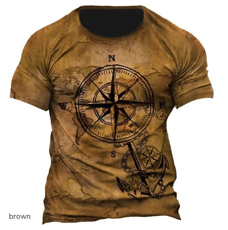 White Men's 3D Compass Printed Round Neck Short Sleeve T-shirt