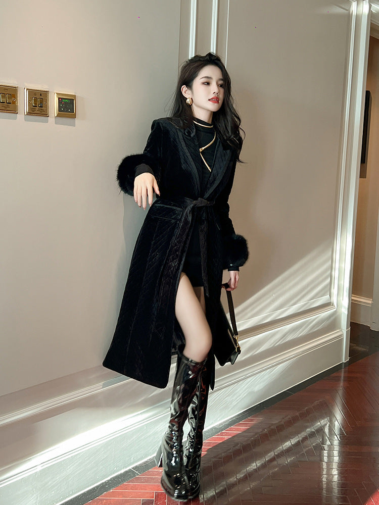 Black Mid-length Coat Velvet foe women