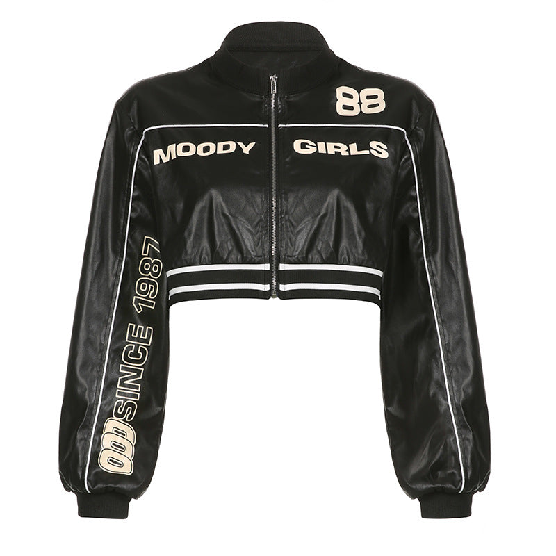 Street Motorcycle Style Letter Print Leather Jacket for Women