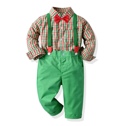 Long-sleeved Plaid Shirt And Overalls suit for boys