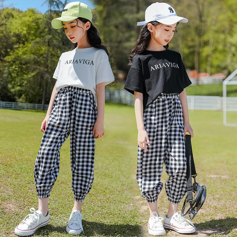 Summer Girls' Plaid Pants Short Sleeve Suit