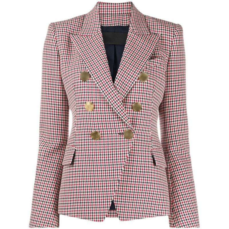 Houndstooth Small Jacket Women Long-Sleeved Double-Breasted Plaid Blazer