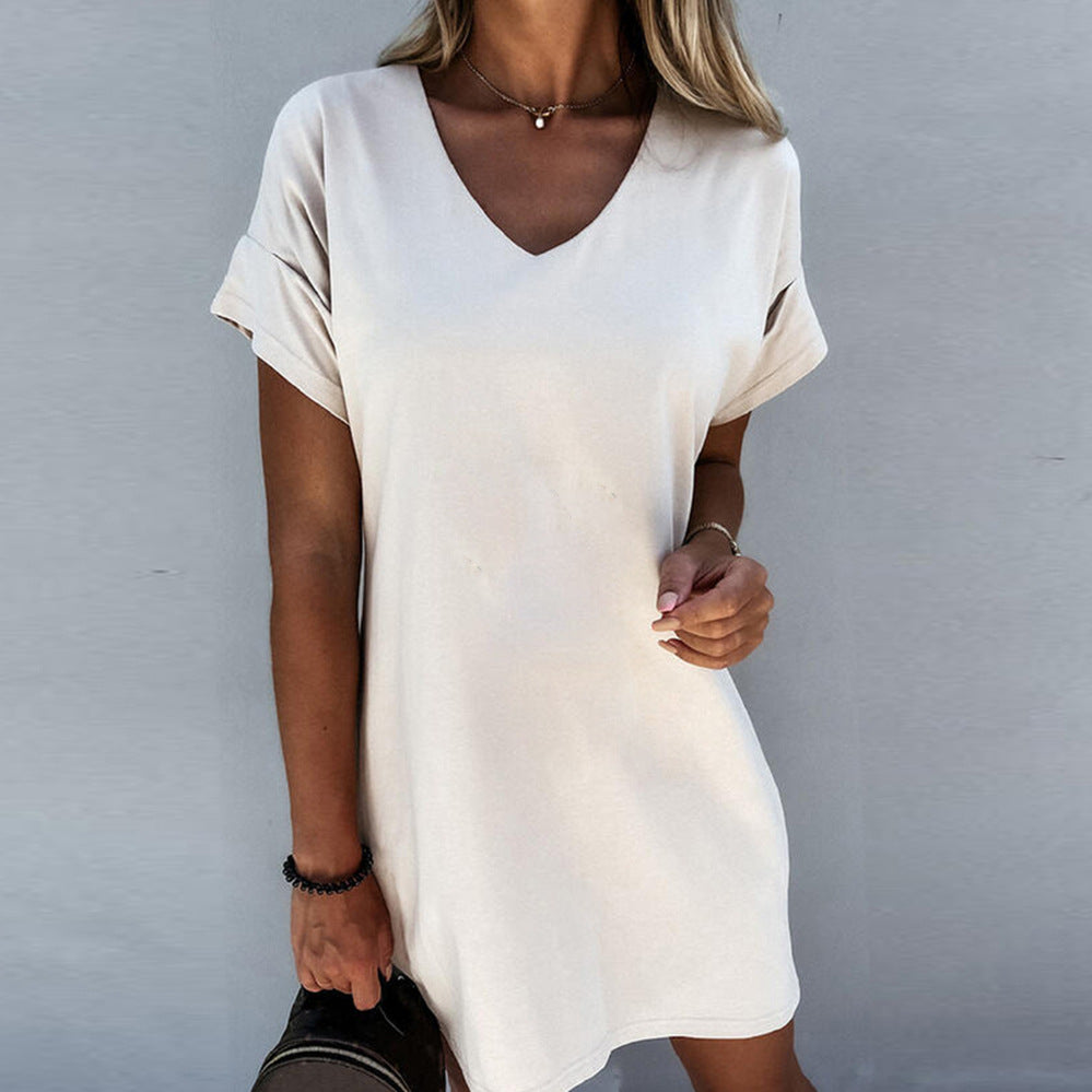 Short Sleeve V-neck Solid Color Loose Dress For Women