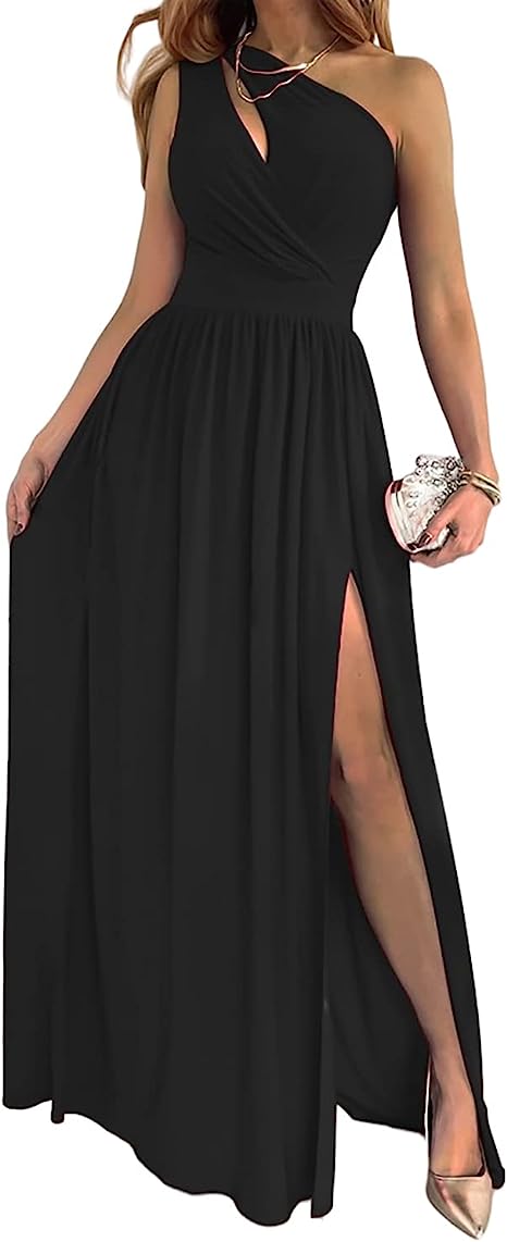 One Shoulder High Split Cutout Sleeveless Elegant Sexy Cocktail Maxi Dress for women