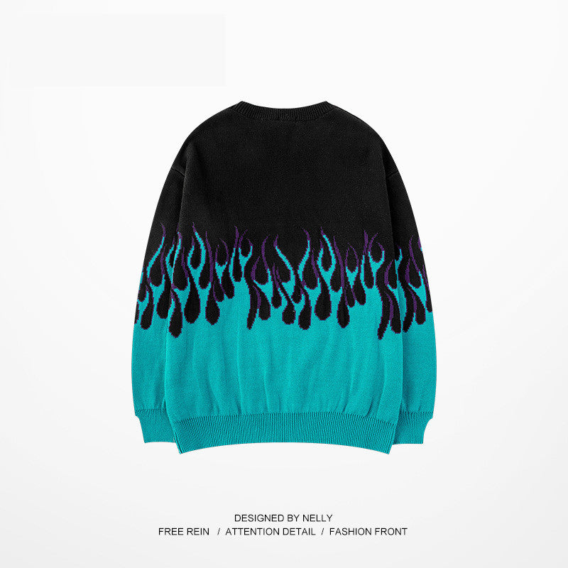 Printed Flame Loose Knit Sweater Men