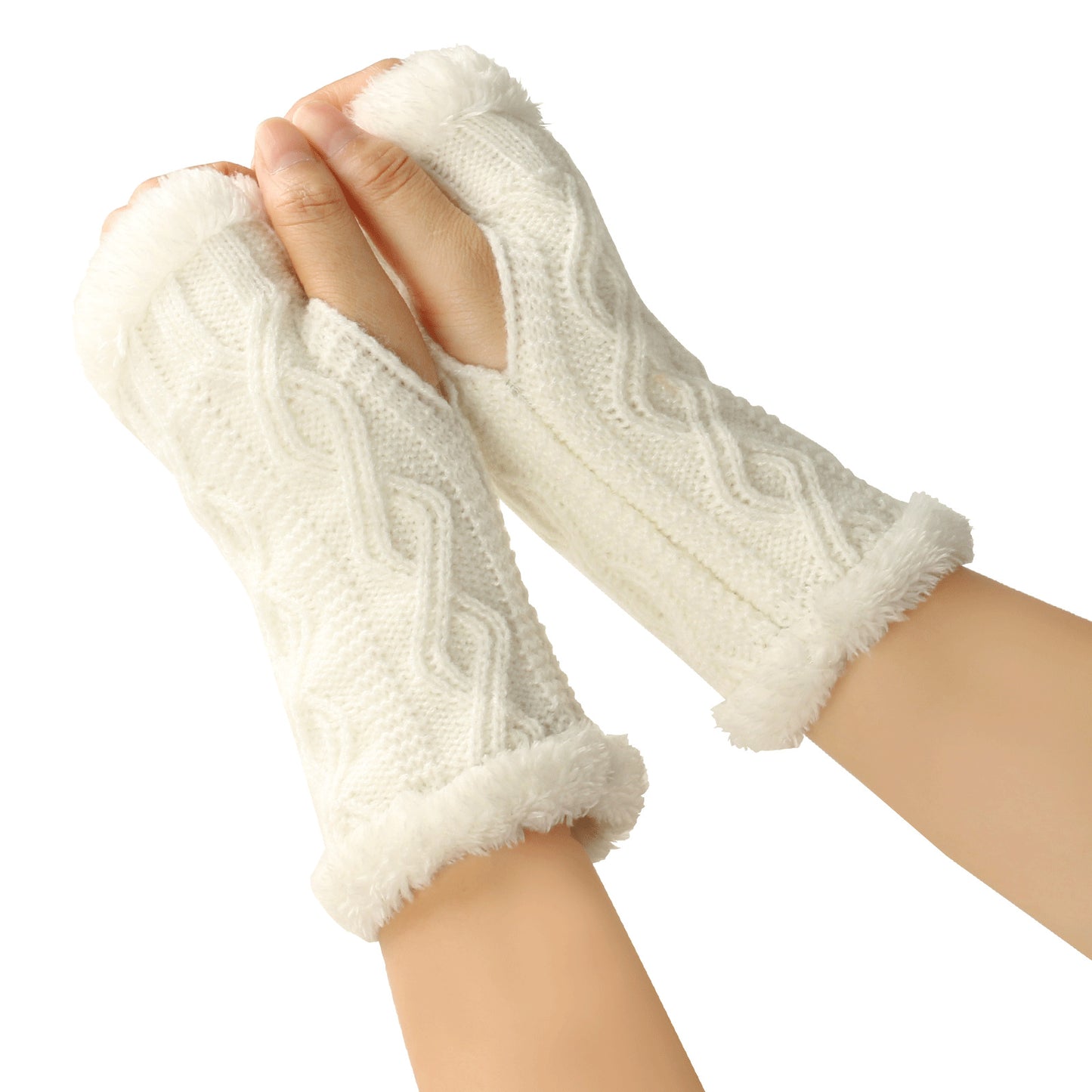 Rhombus Short Knitted Plus Fluff Thick Gloves for women