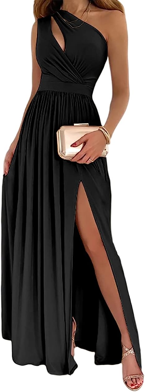 One Shoulder High Split Cutout Sleeveless Elegant Sexy Cocktail Maxi Dress for women