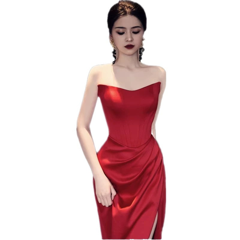 Fashion Bride Wine Red Engagement Wedding Back-to-door Casual Dress for women