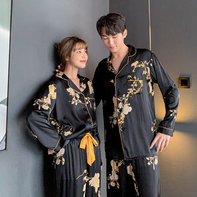 Black Imitation Silk Worn Outside Couple Pajamas Set For Men