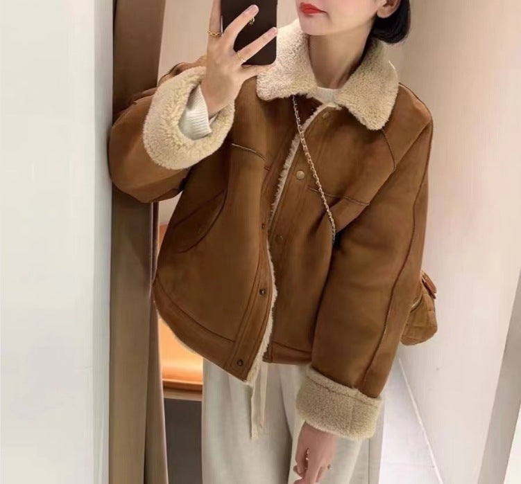 Warm Thick Fur Integrated Loose Short Lamb Wool Coat For Women