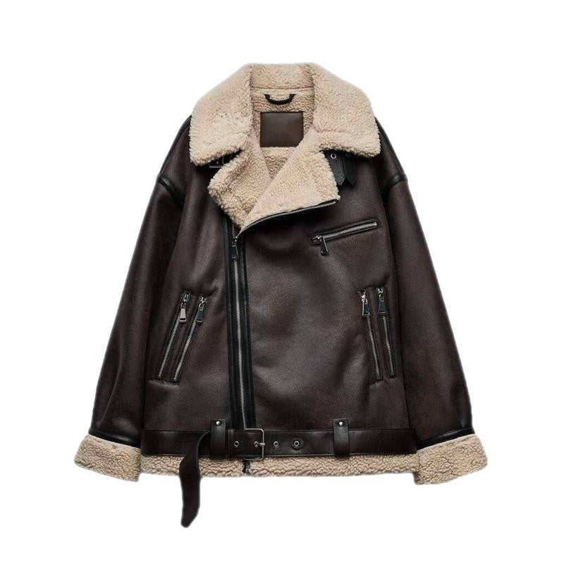 Suede Fur Integrated Motorcycle Jacket for girls