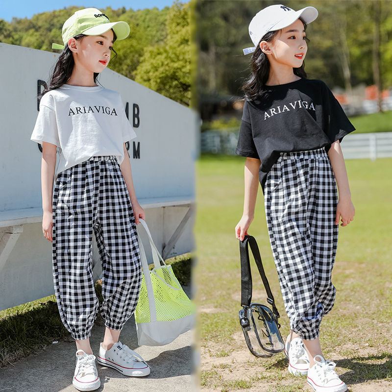 Summer Girls' Plaid Pants Short Sleeve Suit