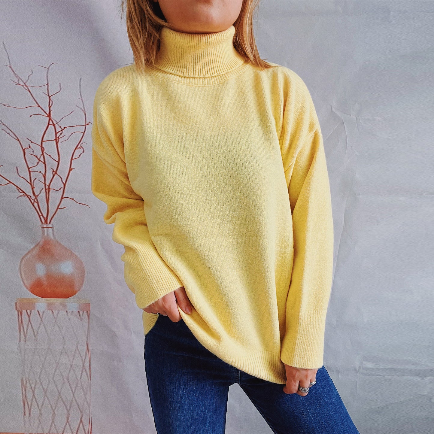 Top Solid Color Turtleneck Long Sleeve Shirts For Women