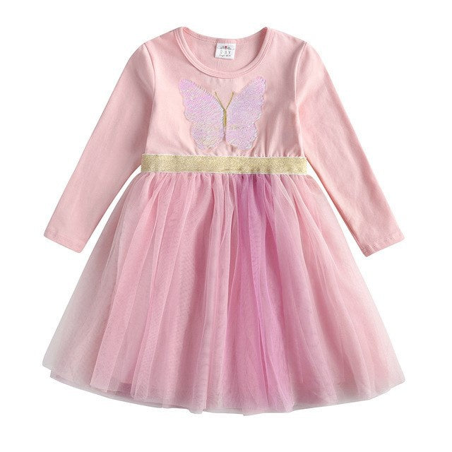 New 3-8 Girls Dress Butterfly Kids Long Sleeve Dresses Baby