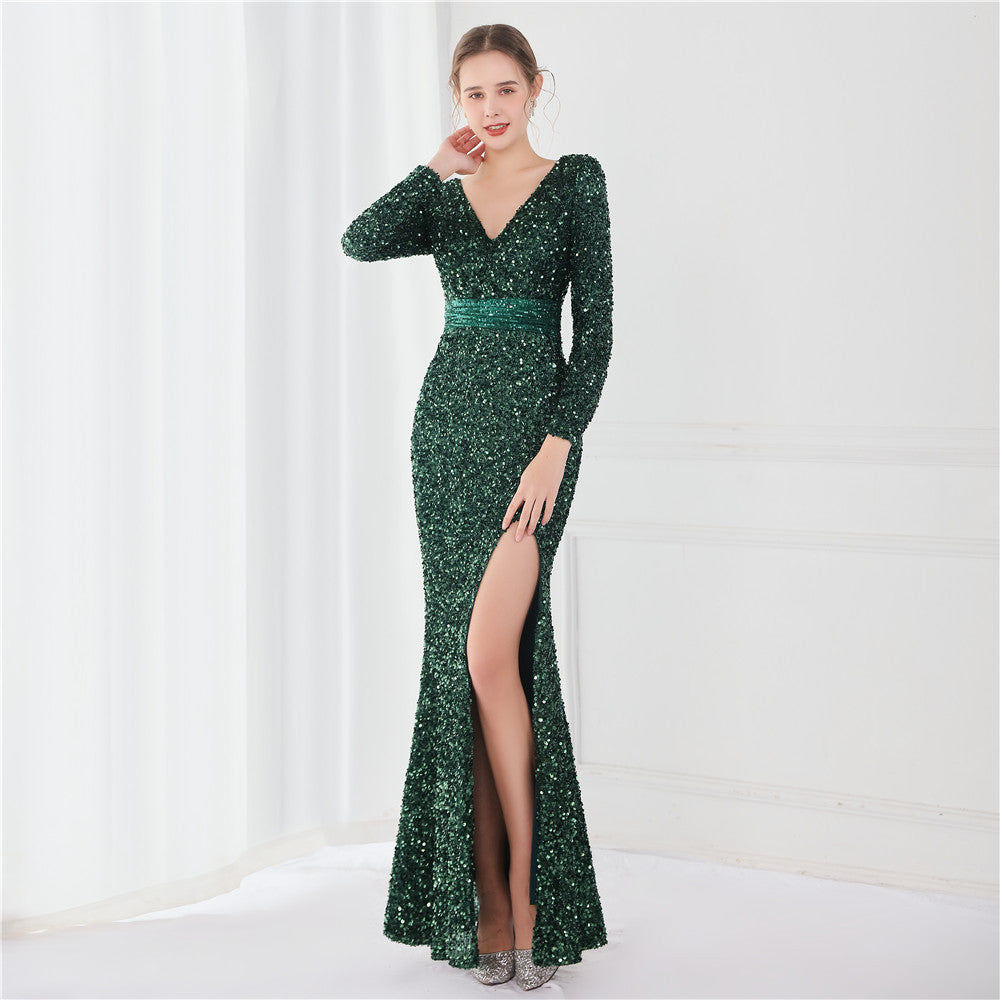 Long Sleeve Sequined Gas Field Queen Fishtail Evening Dress for women