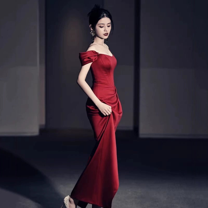 Fashion Bride Wine Red Engagement Wedding Back-to-door Casual Dress for women