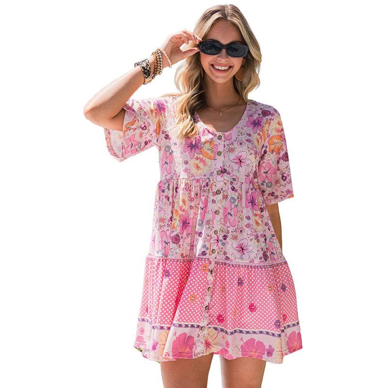 Floral Print Short Sleeve Dress For Women