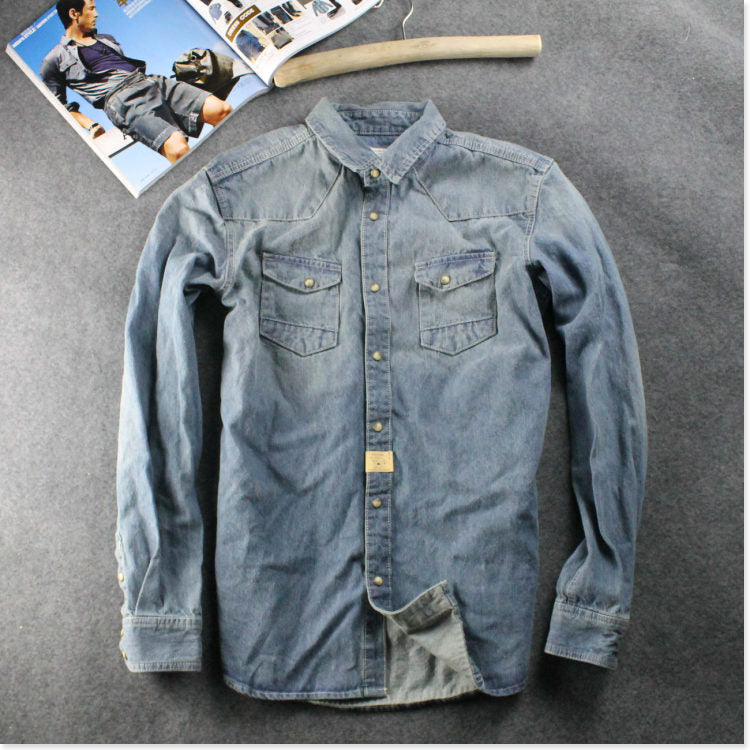 Washed Old Thickened Slim Fitting Denim Shirt