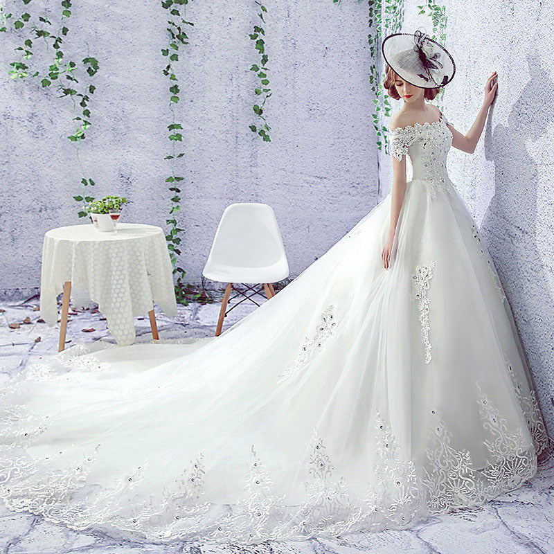 One-shoulder Trailing French Veil Hepburn wedding dress for  Female