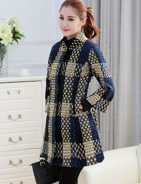 Woolen New Slim-fit Mid-length 34 Sleeve Stand Collar Thick Flower Woolen Coat for women