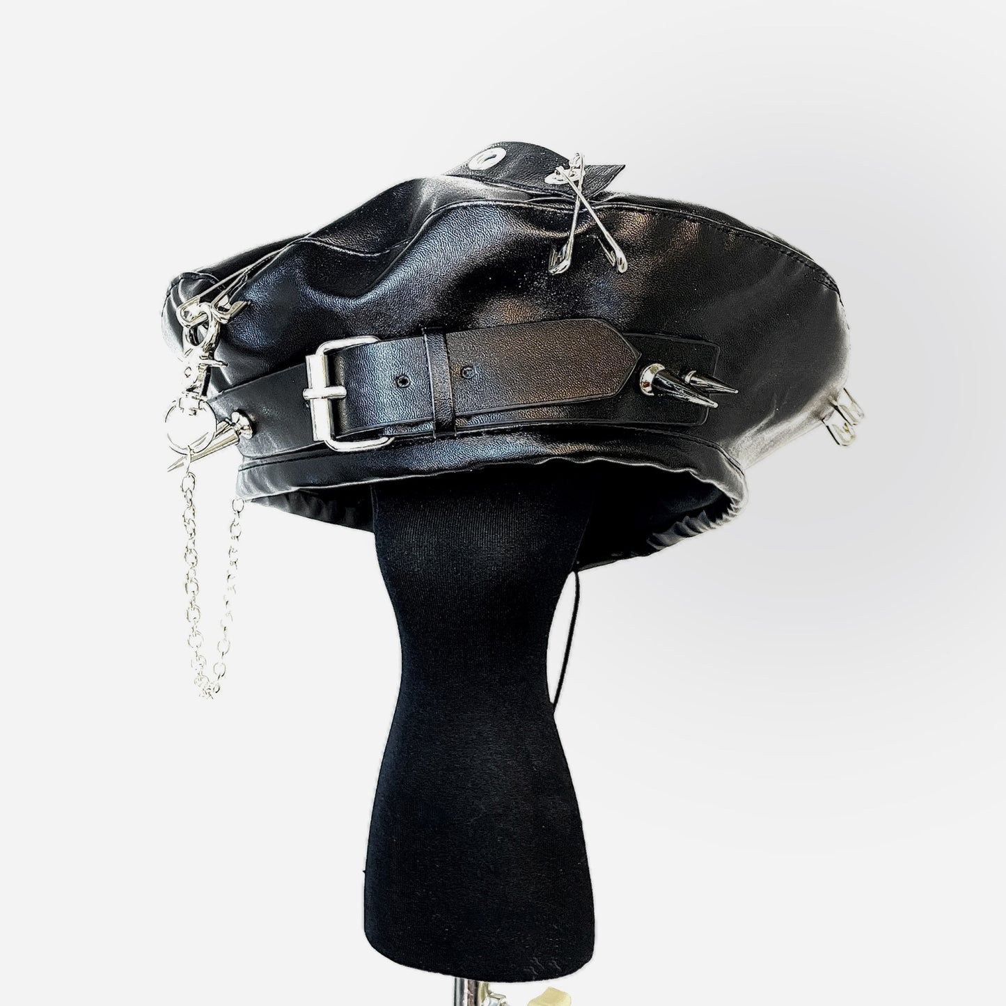 Pu Leather Punk Chain Studded Beret hat for girls