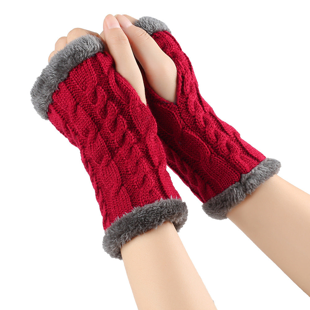 Fleece-lined Fluffy and Twist Knitted Finger Leakage glove for women