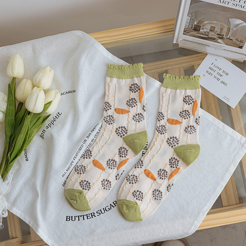 Vintage Small Flower Mid-calf  Pure Cotton Socks for women