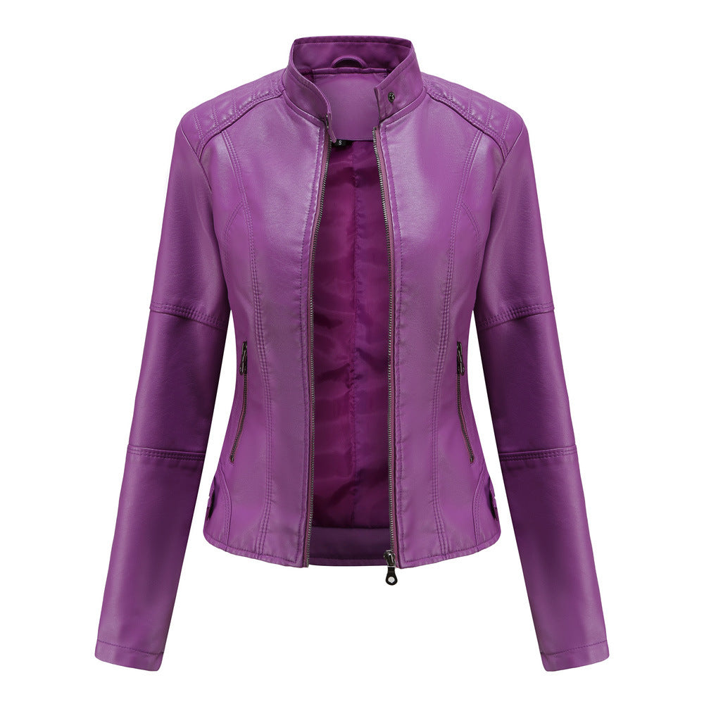 Thin Large Size Leather Clothing With Stand Collar Slim-fit Jacket for girls