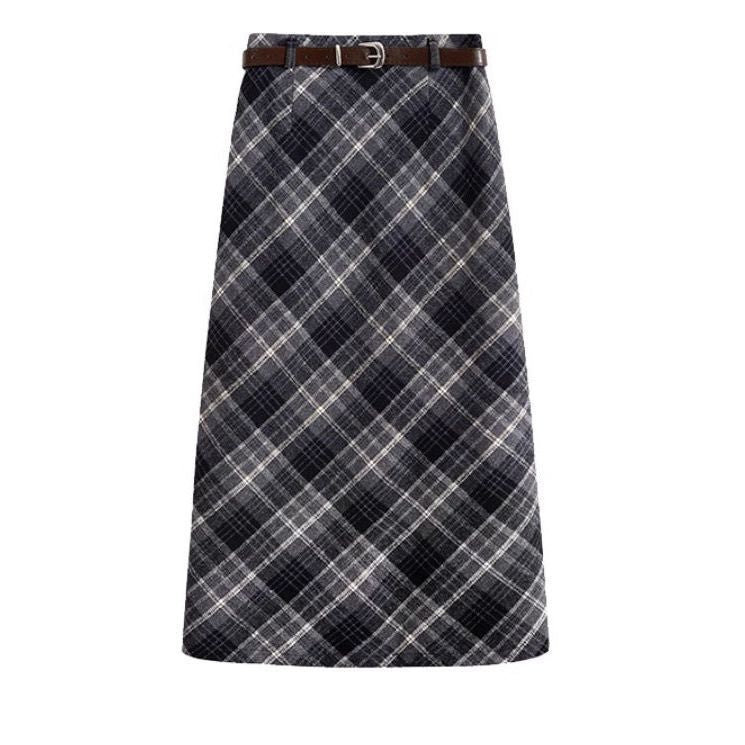 High Waist Mid-length Woolen Plaid Skirts For Women