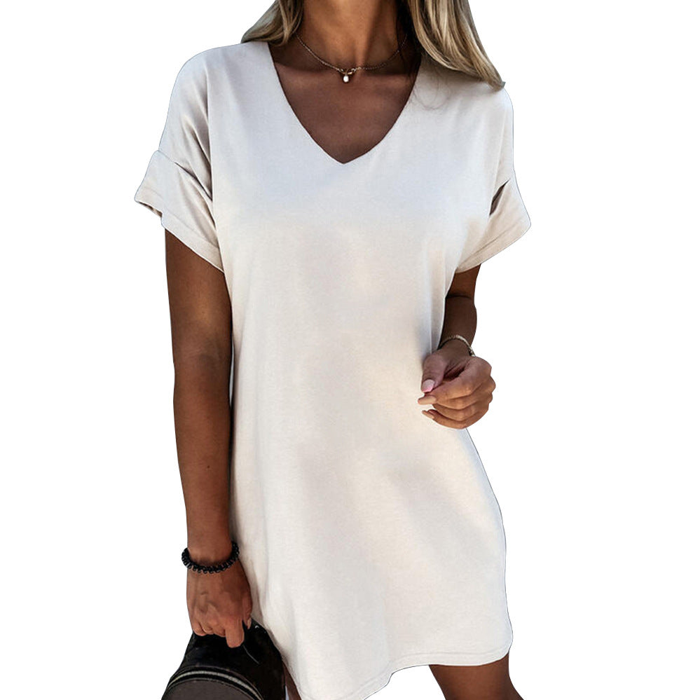 Short Sleeve V-neck Solid Color Loose Dress For Women