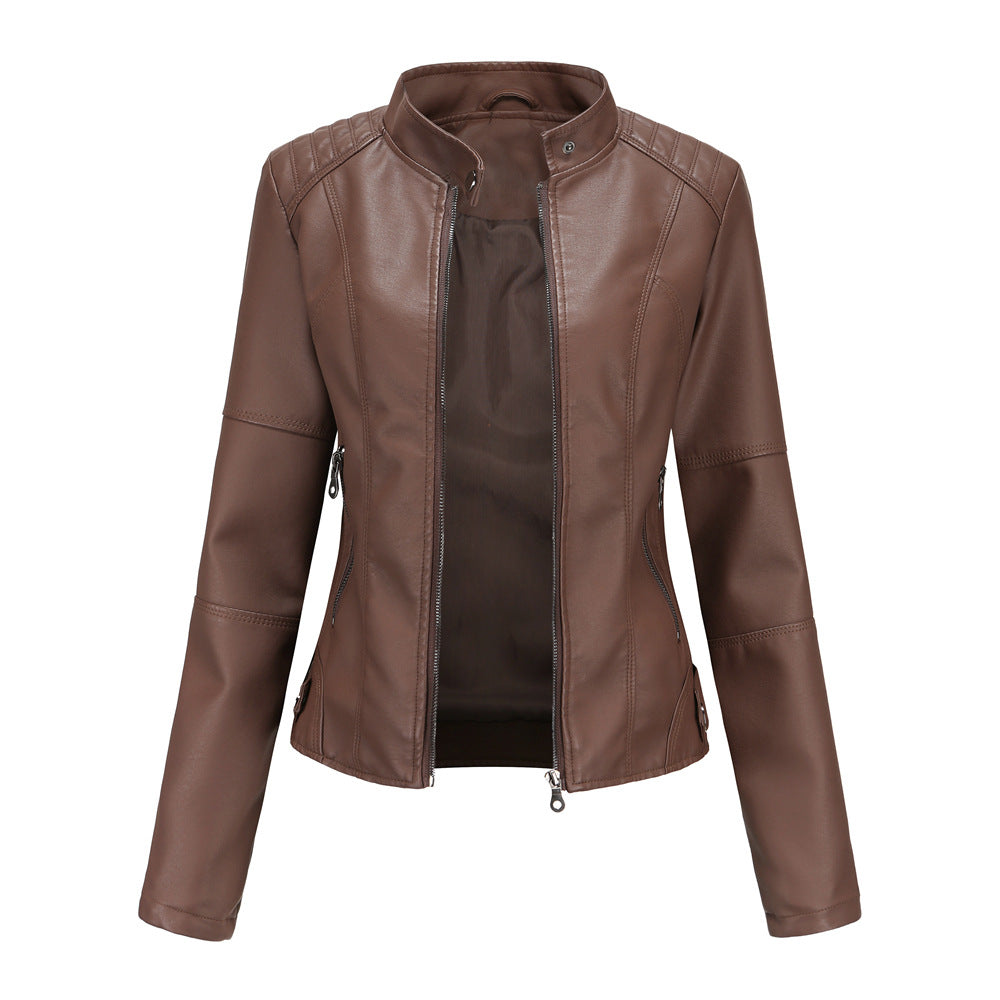 Thin Large Size Leather Clothing With Stand Collar Slim-fit Jacket for girls