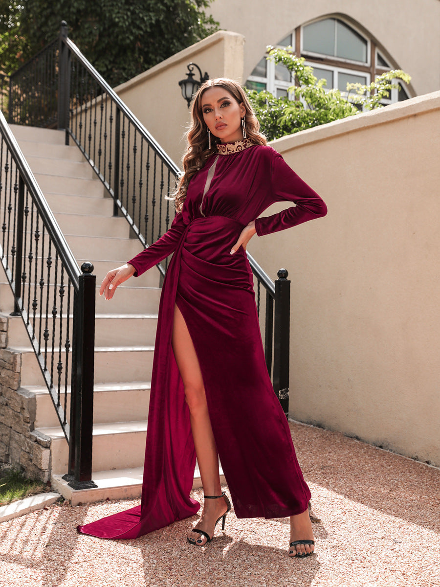 Korean Velvet High Neck Sexy Evening Dress for women