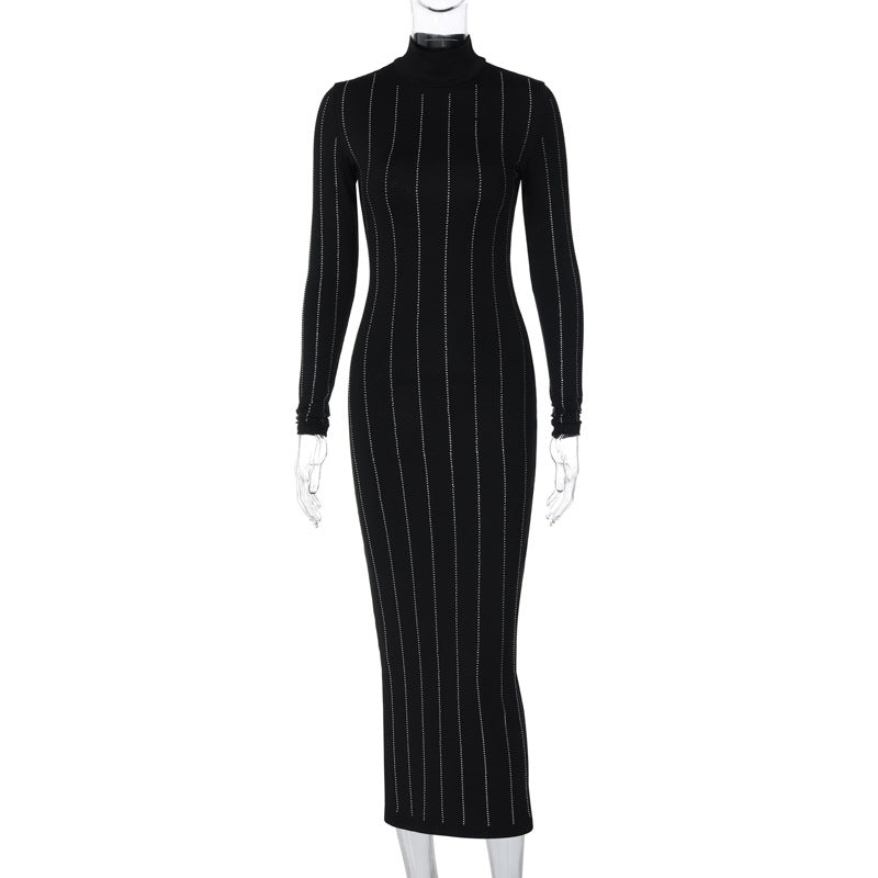 Rhinestone Slim Fit Turtleneck Long Sleeve Dress For Women