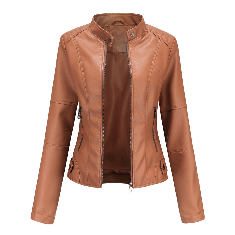 Thin Large Size Leather Clothing With Stand Collar Slim-fit Jacket for girls