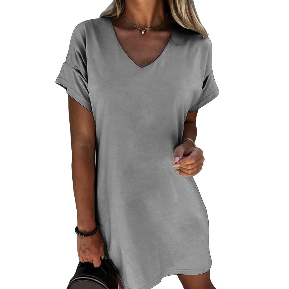 Short Sleeve V-neck Solid Color Loose Dress For Women