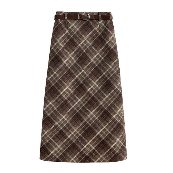 High Waist Mid-length Woolen Plaid Skirts For Women