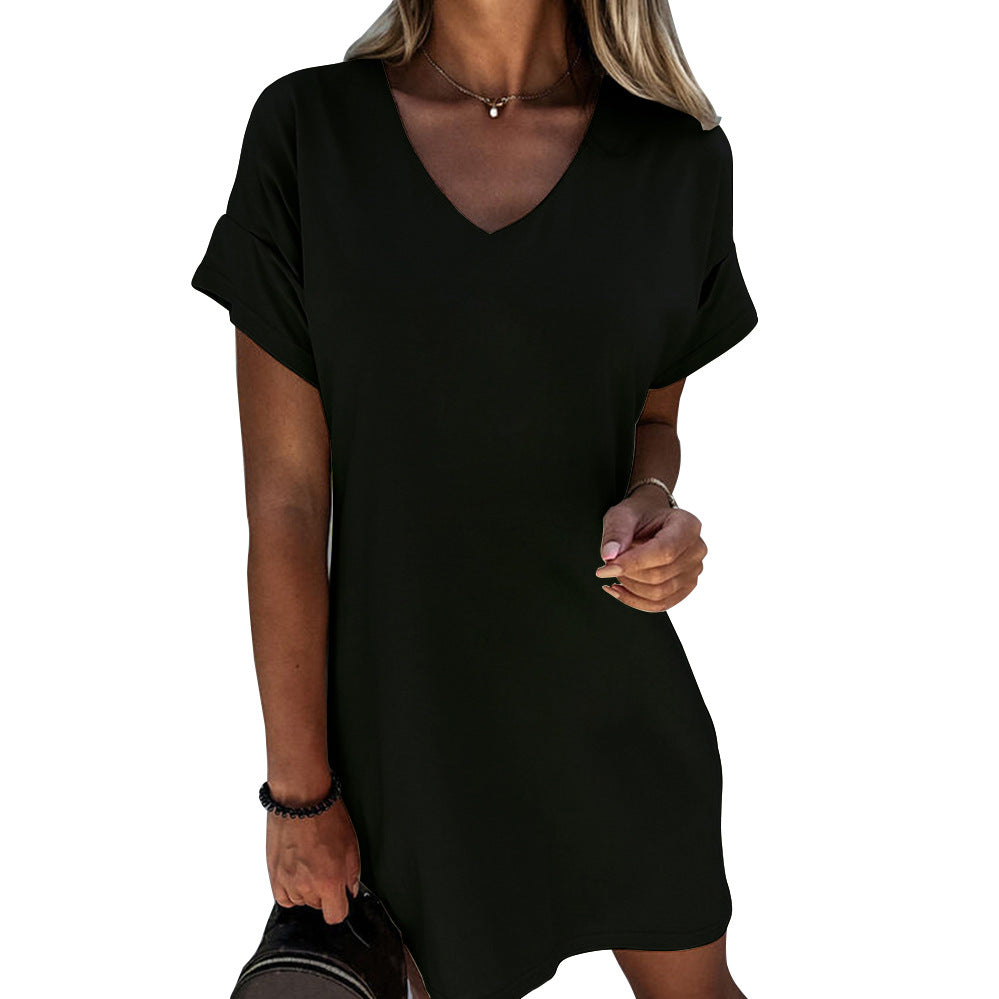 Short Sleeve V-neck Solid Color Loose Dress For Women