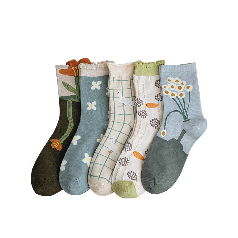 Vintage Small Flower Mid-calf  Pure Cotton Socks for women