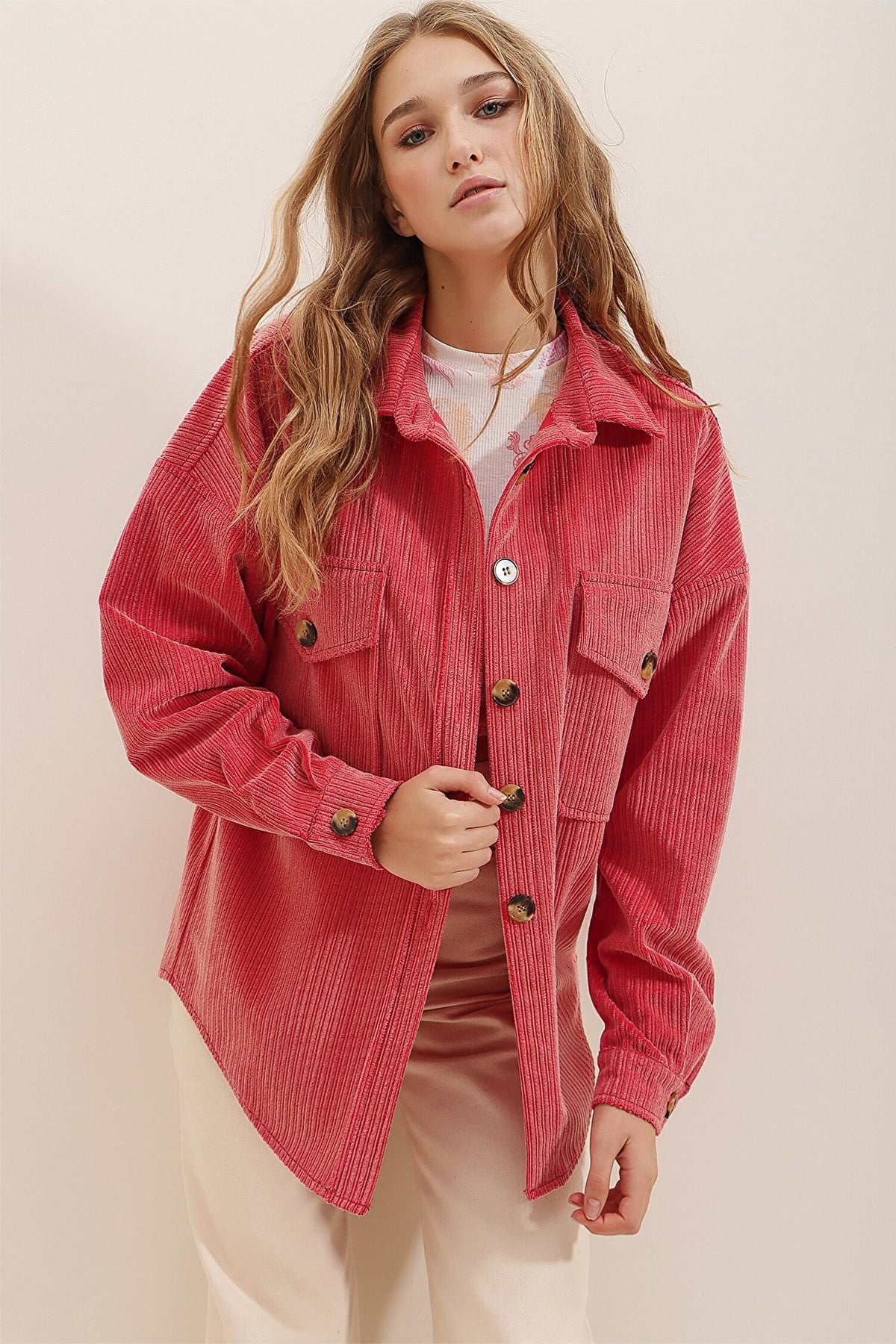 Corduroy Pocket Long Sleeve Coat for women