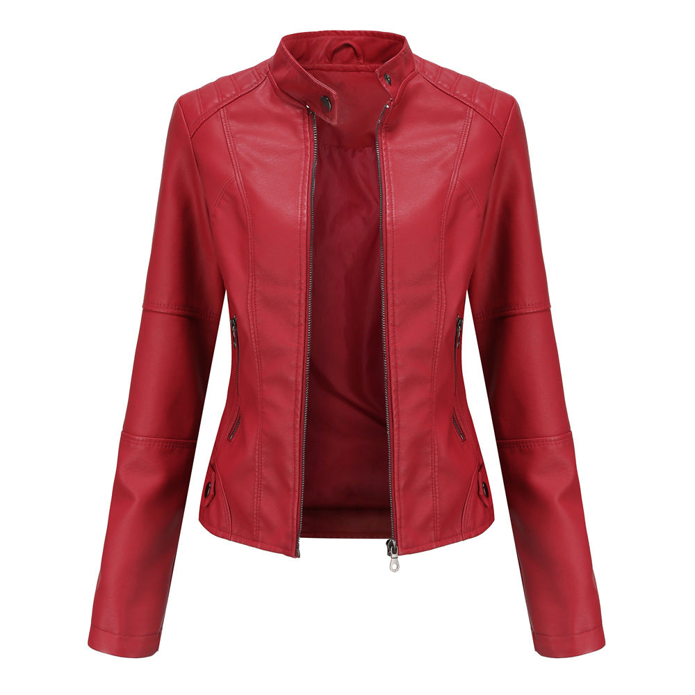 Thin Large Size Leather Clothing With Stand Collar Slim-fit Jacket for girls