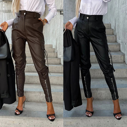 Leather Waist Skinny Trousers With Pockets For Women