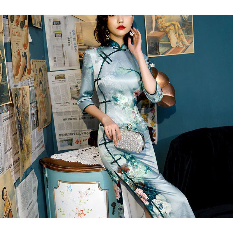 China Style Sleeve Silk Cheongsam Dress For Women