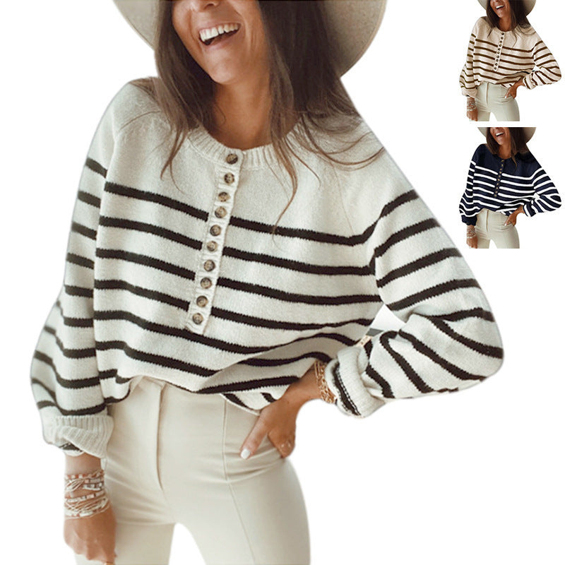 Striped Pullover Blouse Fashion Button For Women