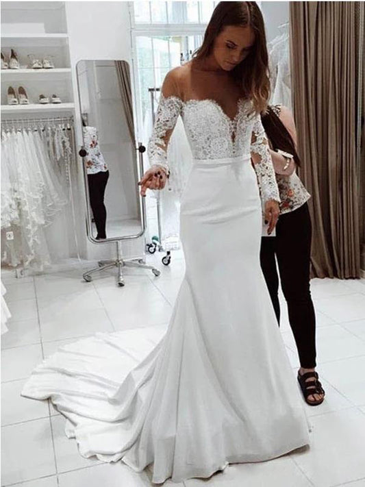 One Shoulder Lace Long Sleeve  Wedding Dress for women