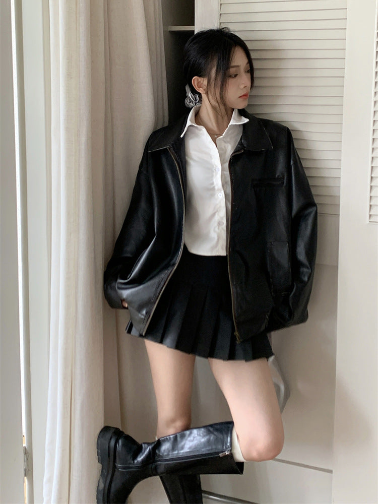 Retro Coffee Color Short Leather Jacket