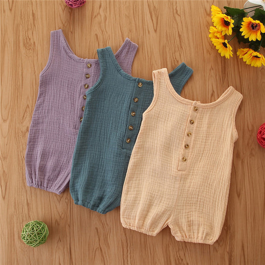 Sleeveless Solid Color Cotton And Linen Rompers  for Baby
